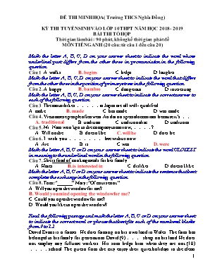 Đề minh họa thi tuyển sinh vào Lớp 10 THPT môn Tổ hợp - Năm học 2018-2019 - Trường THCS Nghĩa Đồng (Có đáp án)